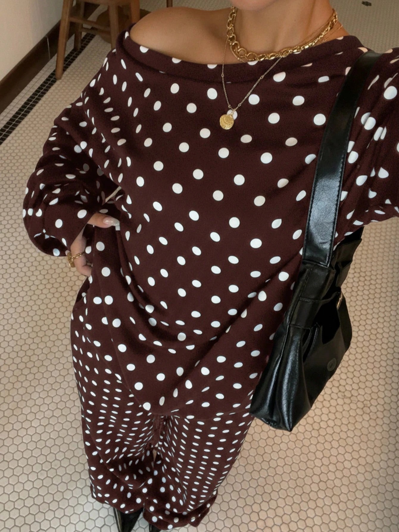 Women's Polka Dot Print One-Shoulder Long Sleeve Drawstring Pants Casual Two-Piece Set