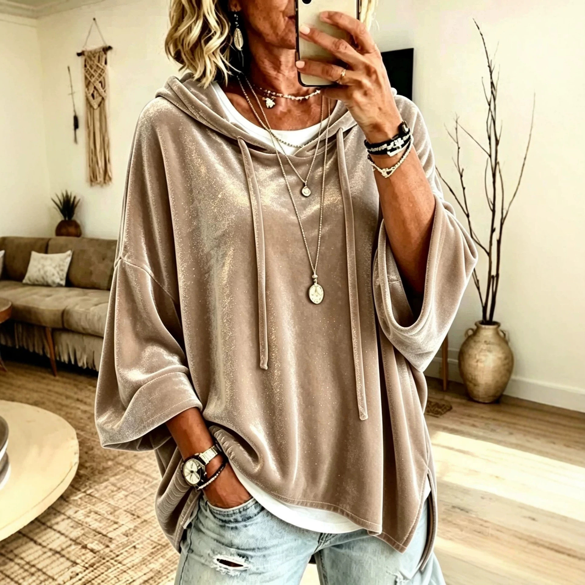 Solid Color 3/4 Sleeve Hooded Drawstring Loose Casual Sweatshirt for Women