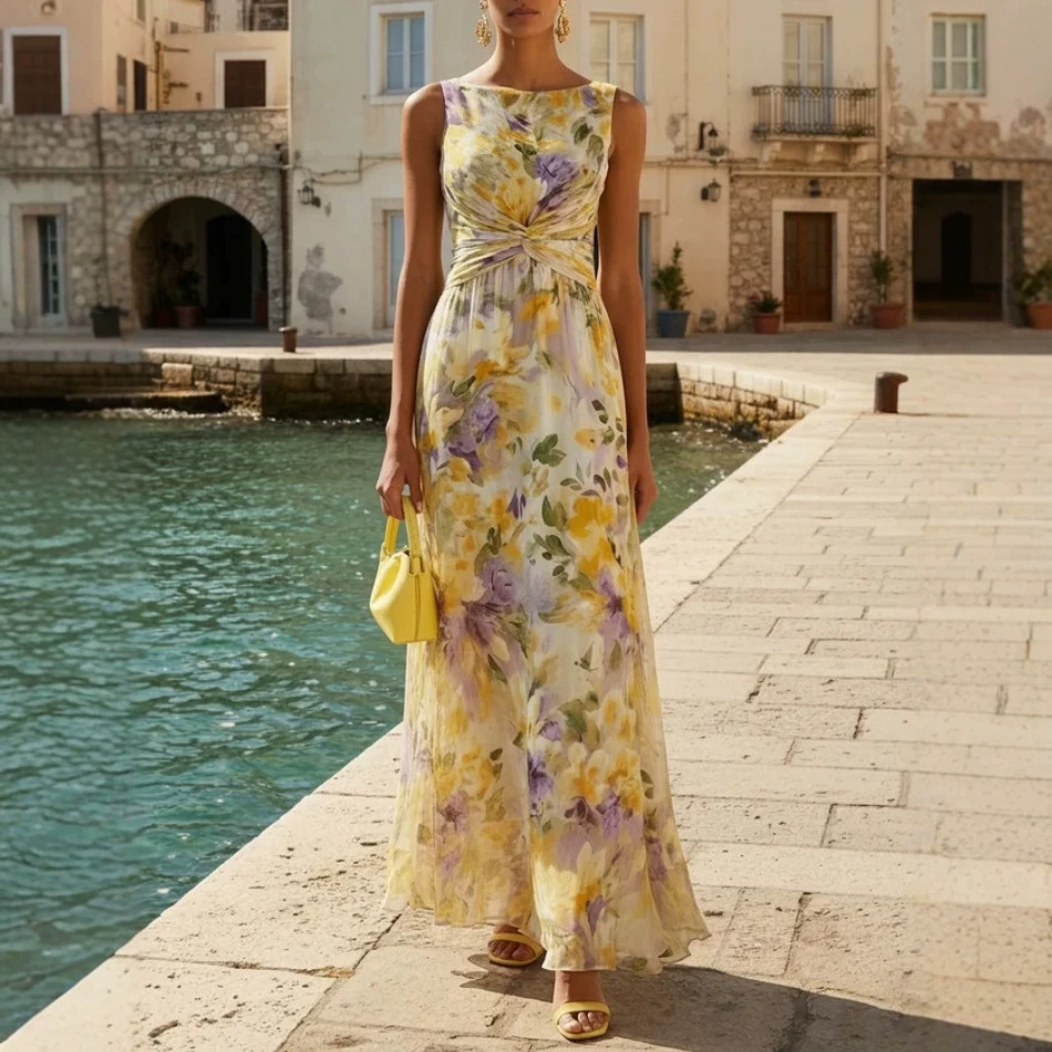 Women's Printed Chiffon A-Line Midi Dress Sleeveless Casual