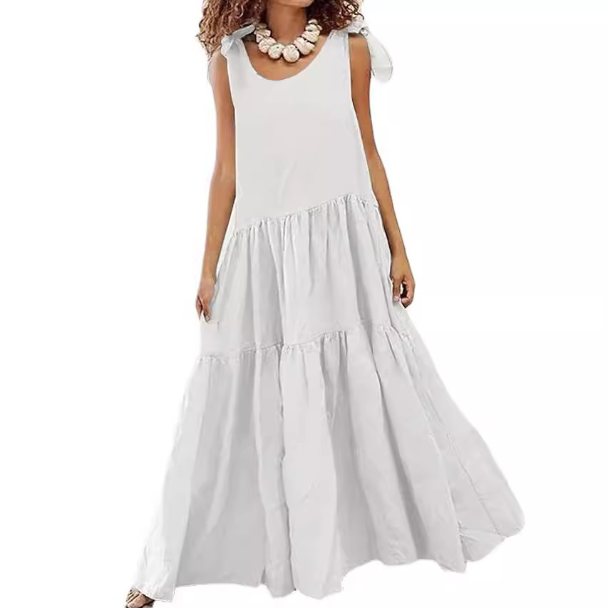 Women's Solid Crewneck Short Sleeve Tiered Ruffle Maxi Dress