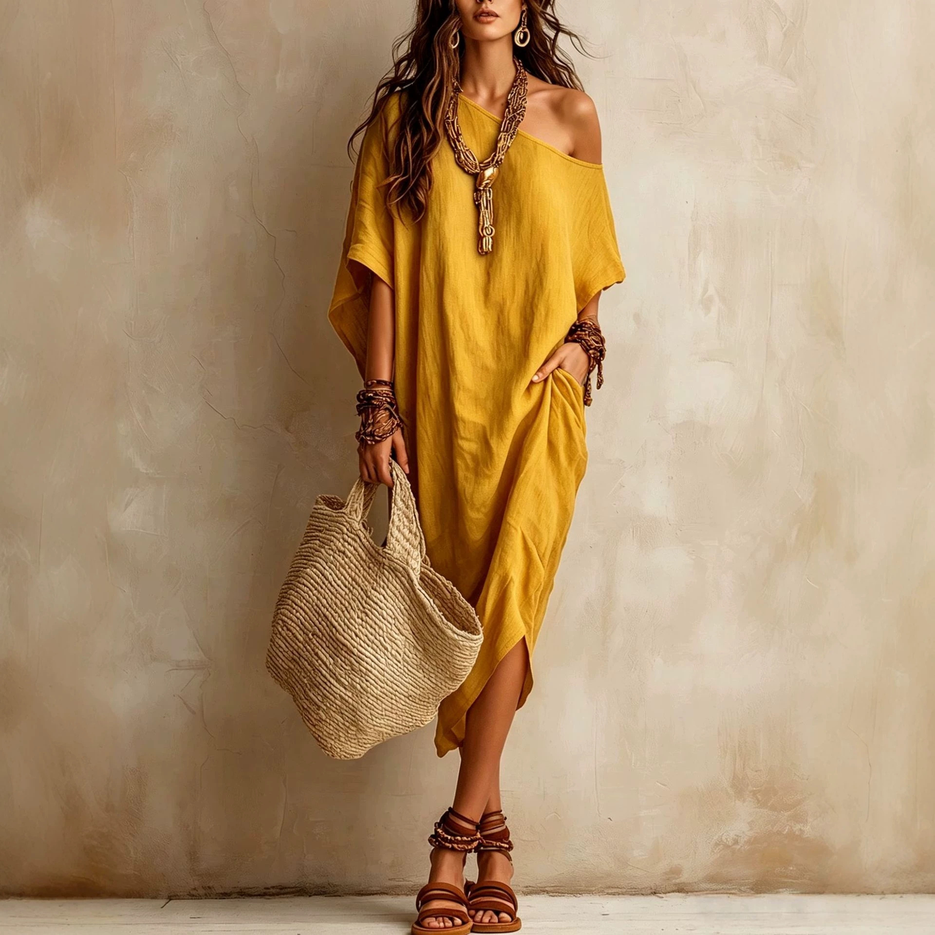 Solid One-Shoulder Loose Casual Dress
