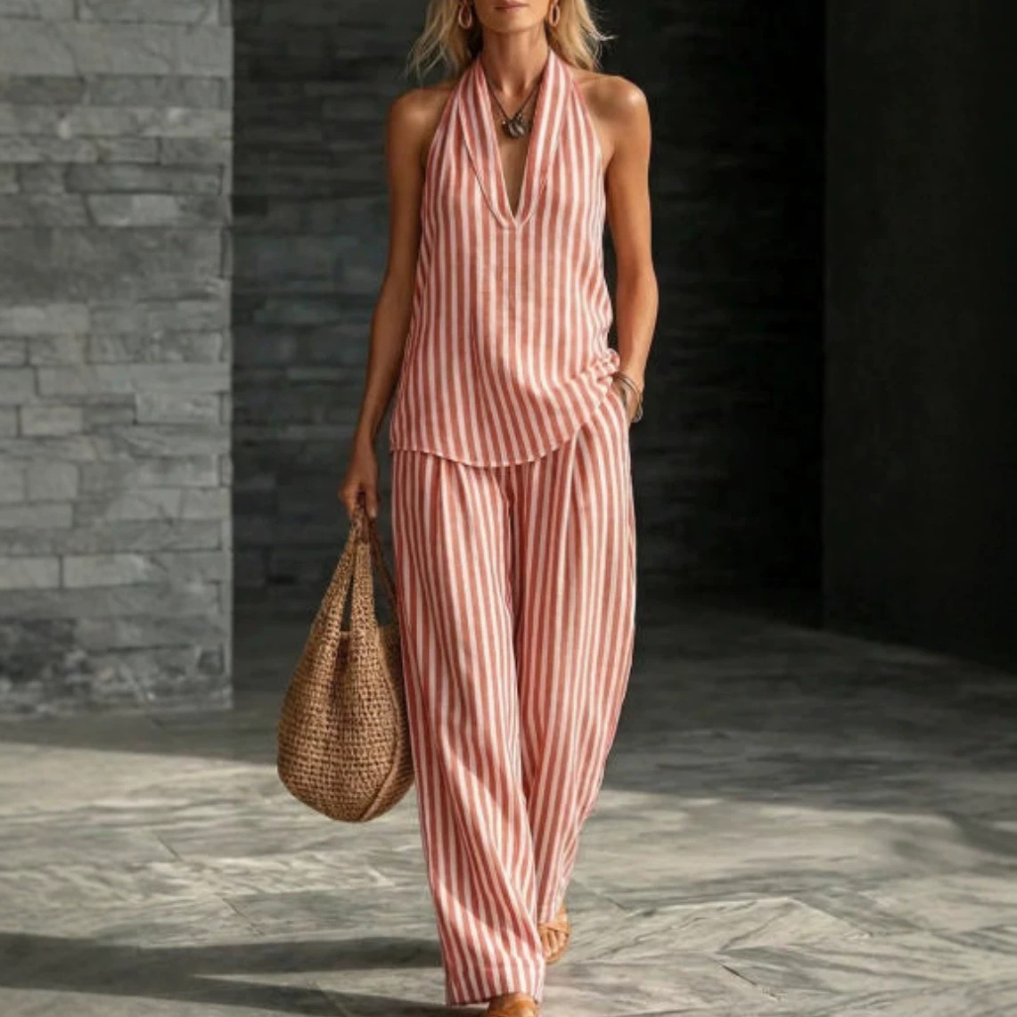 Women's Cotton-Linen Striped Wide-Leg Pants and Halter Top Set