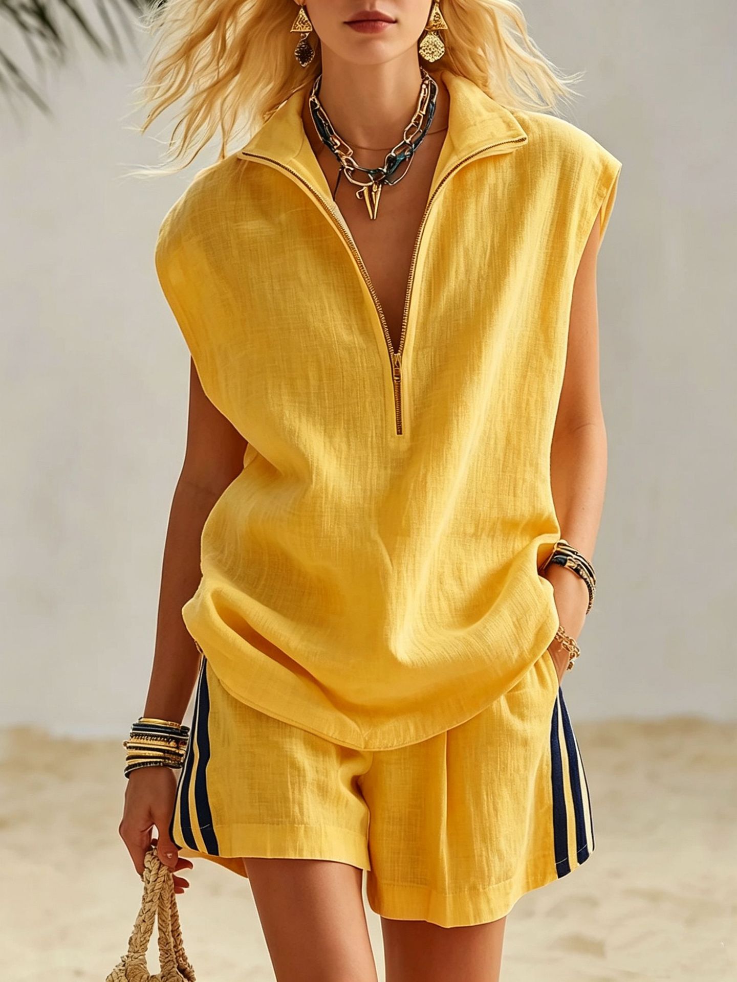 Women's Sleeveless Zip-Up Colorblock Top and Shorts Set