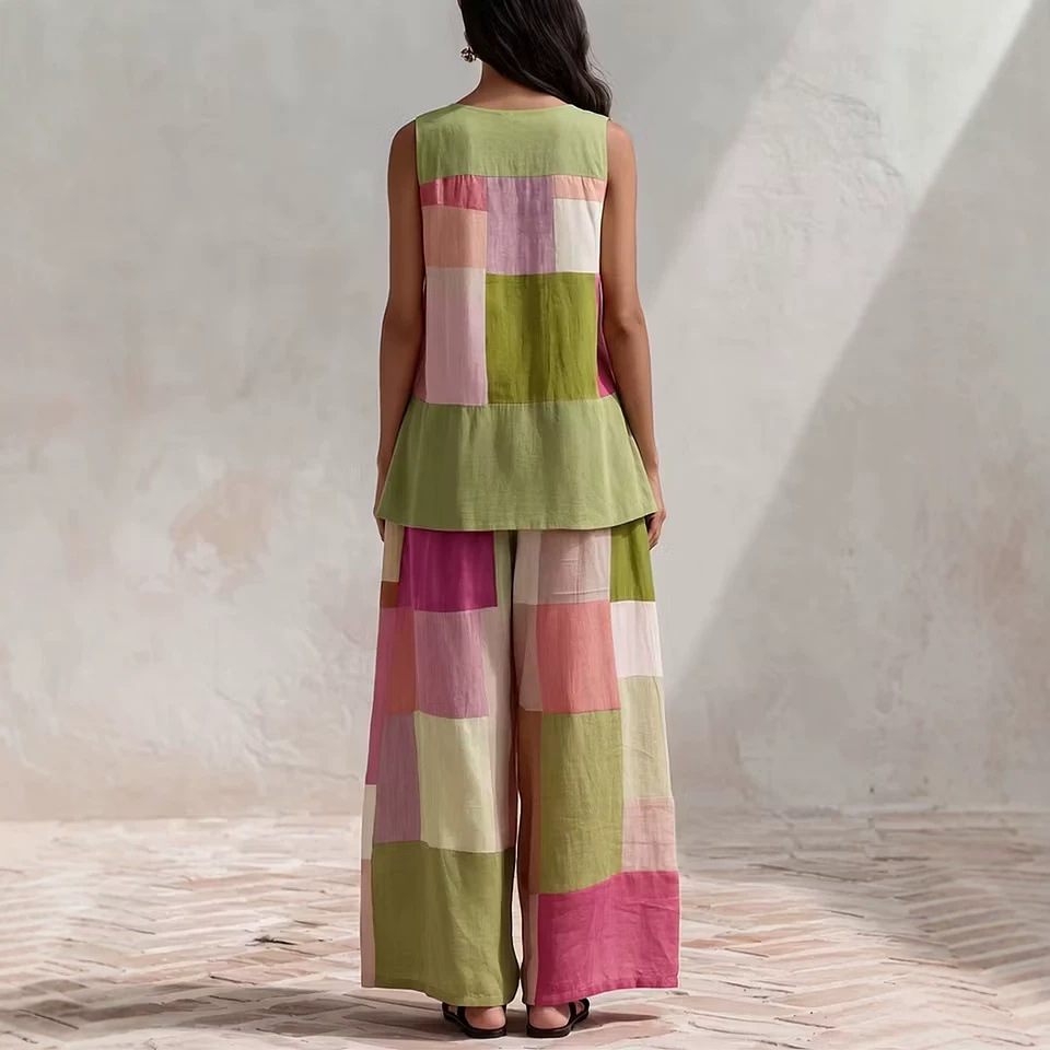 Boho Colorblock Print Sleeveless Shirt & Pants Set