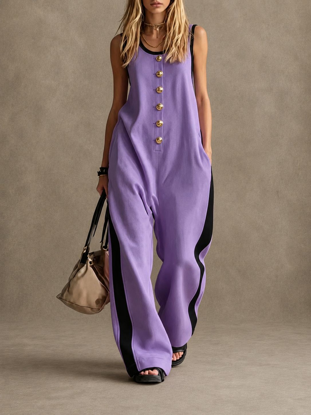 Women's Sleeveless Round Neck Colorblock Jumpsuit with Button Detail