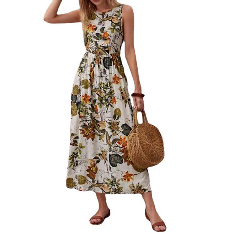 Women's Summer Floral Print A-Line Midi Dress Sleeveless High Waist