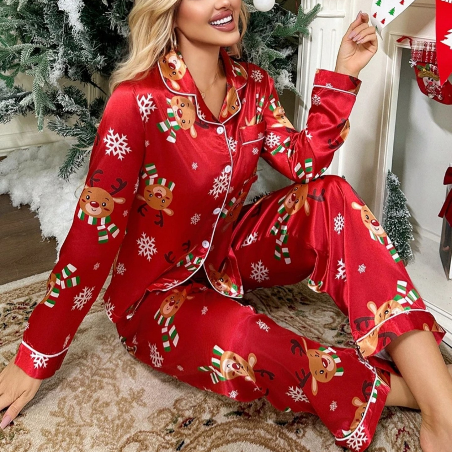 Women's Cuban Collar Christmas Reindeer Print Long Sleeve Shirt Set