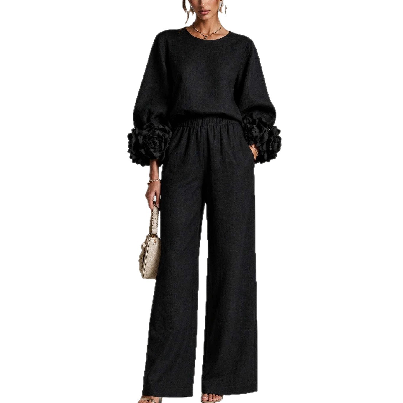Women's Solid Floral Wide-Leg Pants Set with Long-Sleeve Crewneck Top