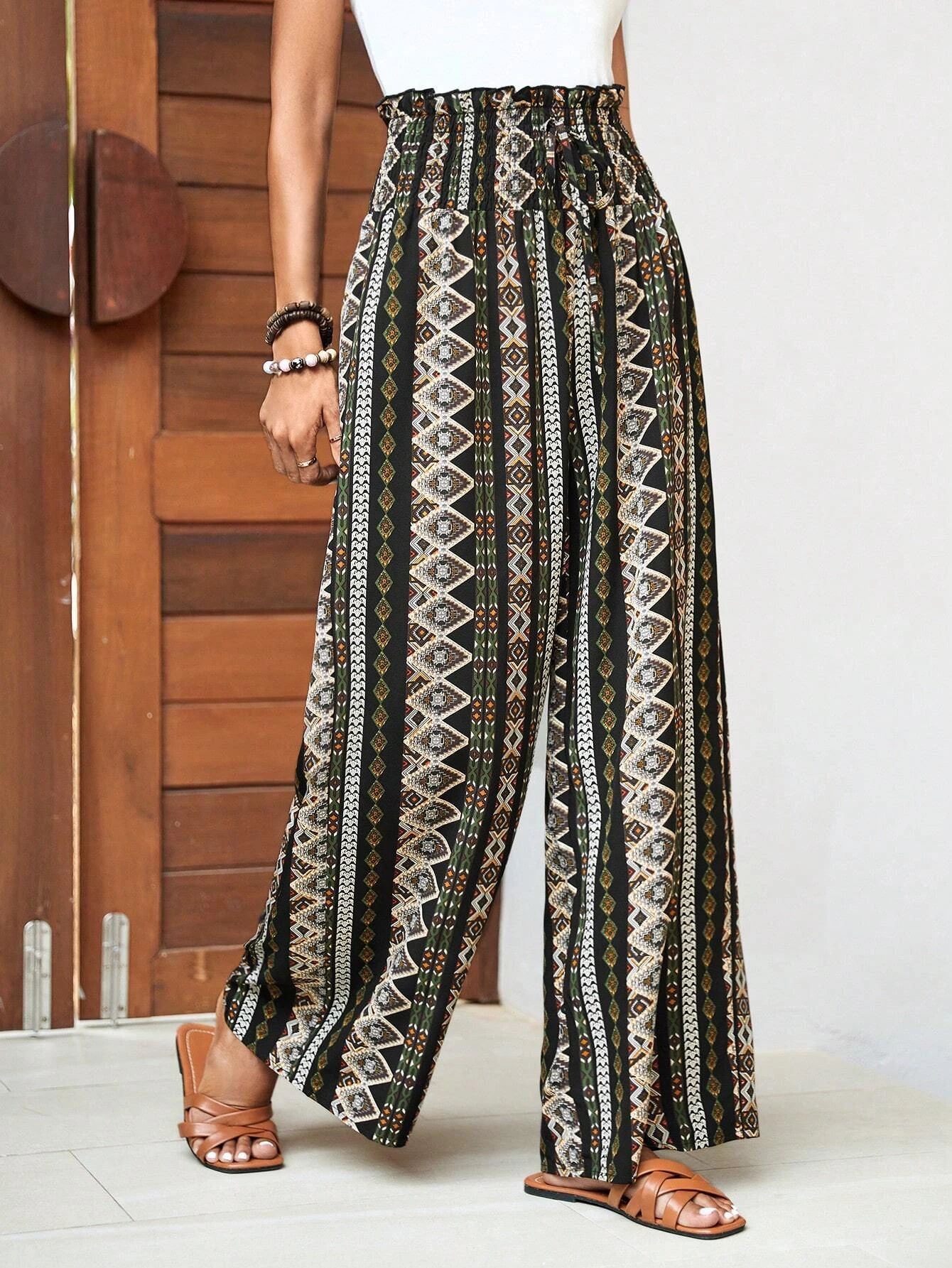 Women's High-Waist Wide-Leg Printed Pants Casual Loose Fit