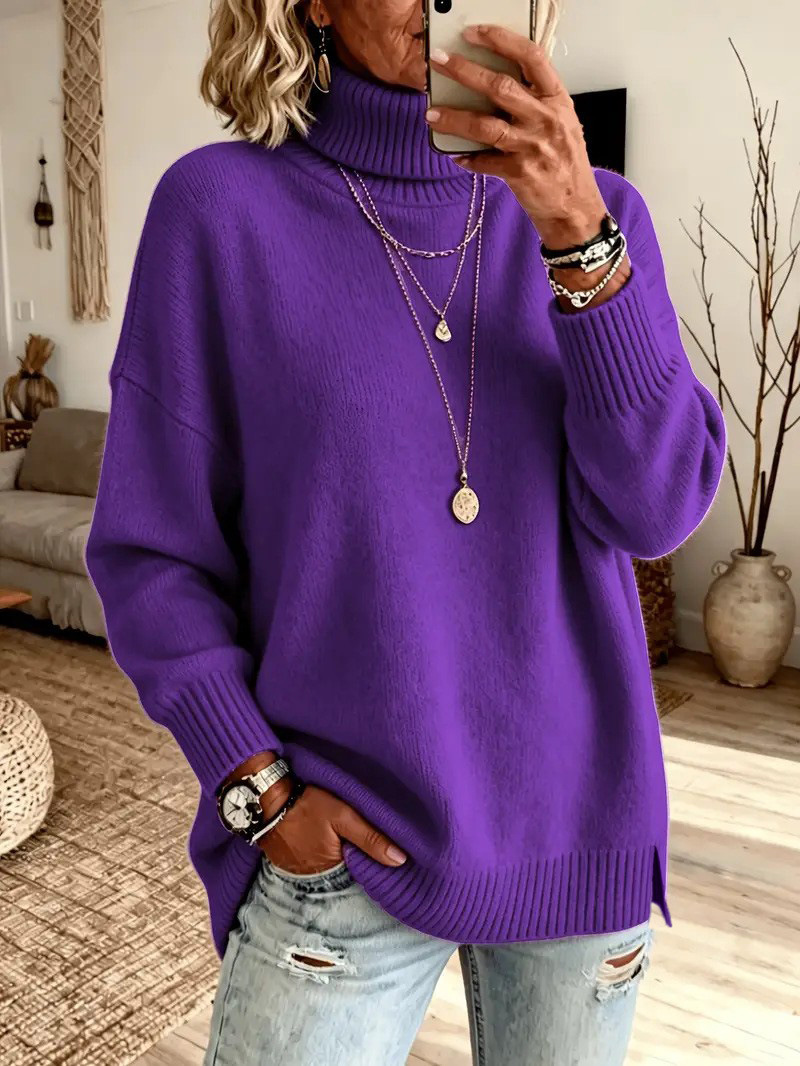 Women's Lazy Pure Color Elegant Slit Loose Turtleneck Knit Sweater