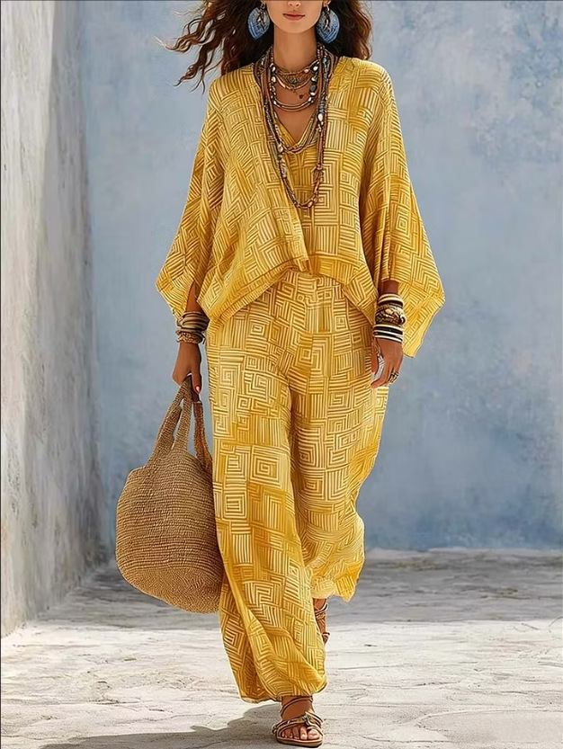 Women's Geometric Print V-Neck Loose Top & High-Waist Wide-Leg Pants Set