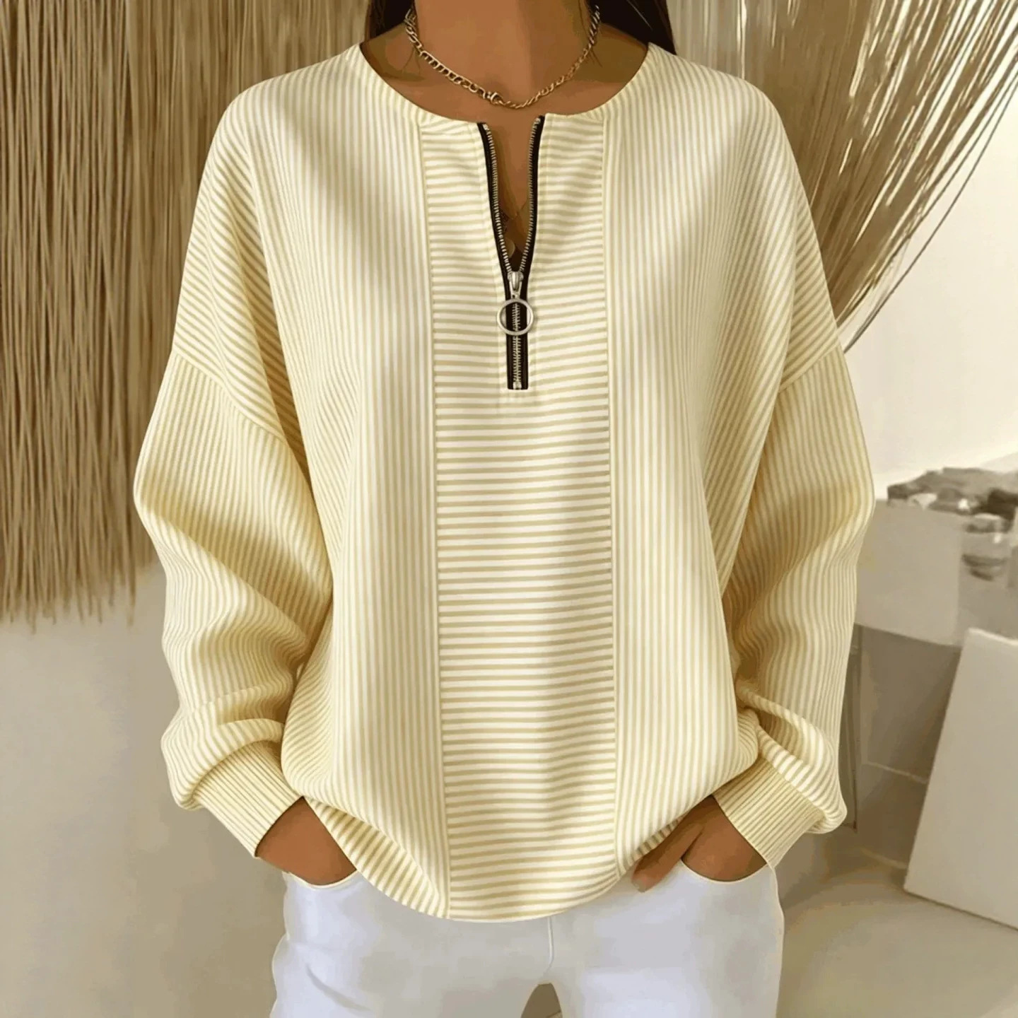 Striped Print Half-Zip Hoodie for Women Casual Long Sleeve
