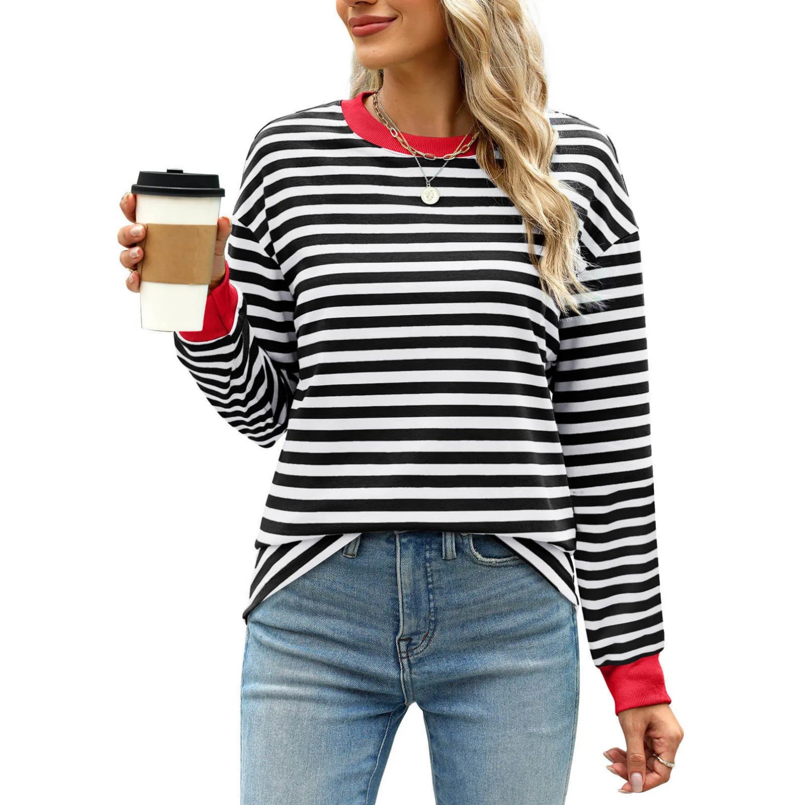 Women's Striped Print Crewneck Sweatshirt Casual Pullover