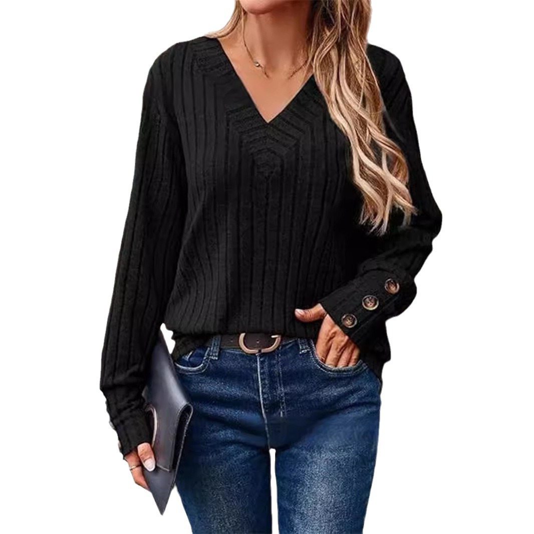 Women's Ribbed Knit V-Neck Button Long-Sleeve Sweatshirt