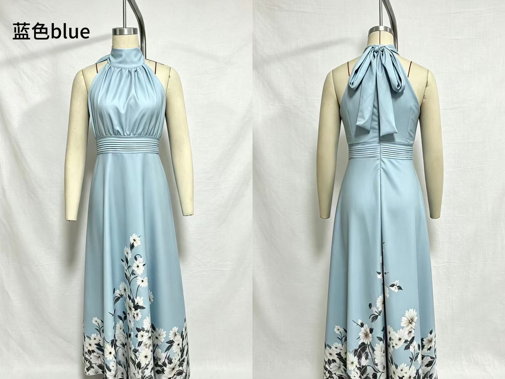 Elegant Floral Print Halter Sleeveless Tie-Waist Long Dress