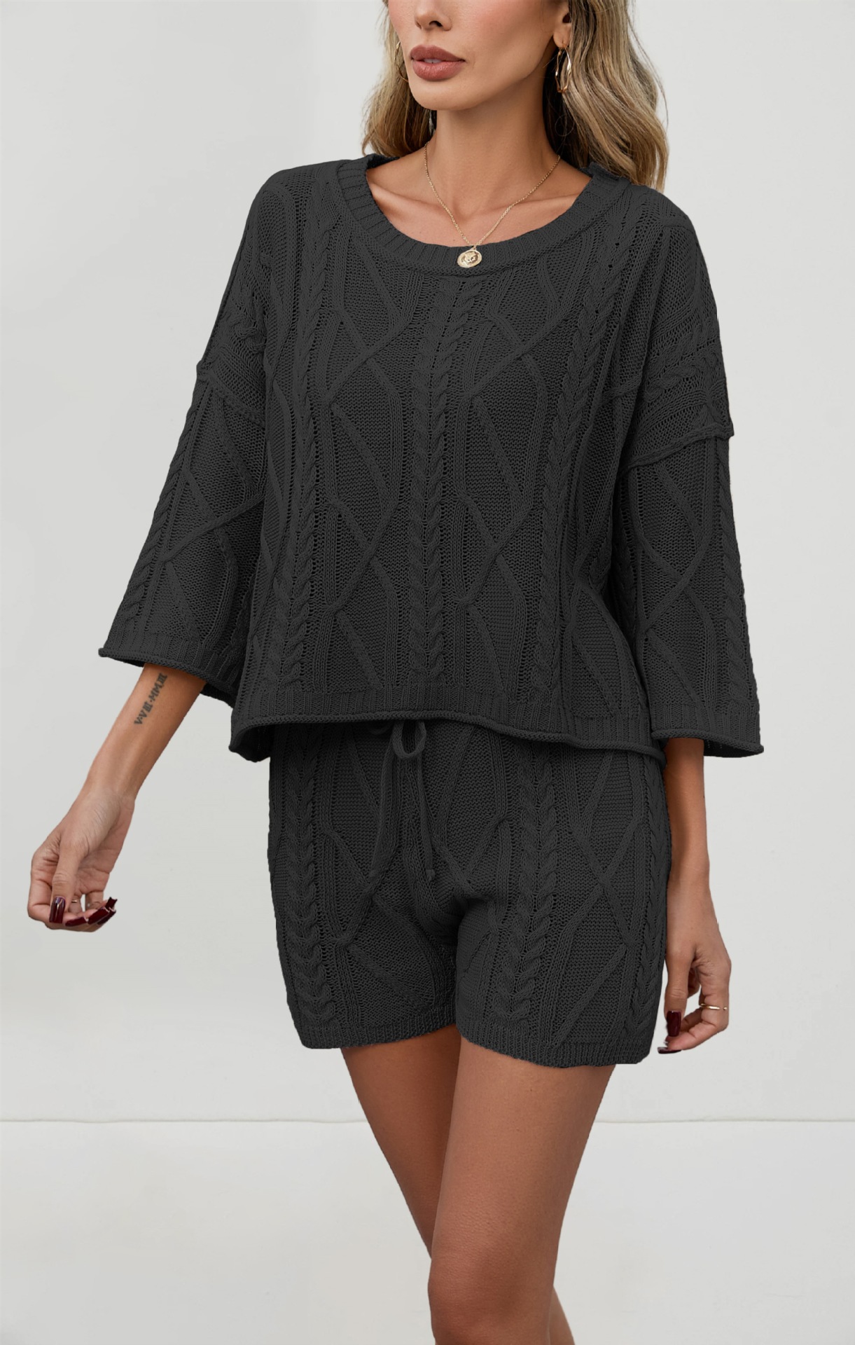 Cable-Knit Solid Color Crewneck Sweater and Shorts Set