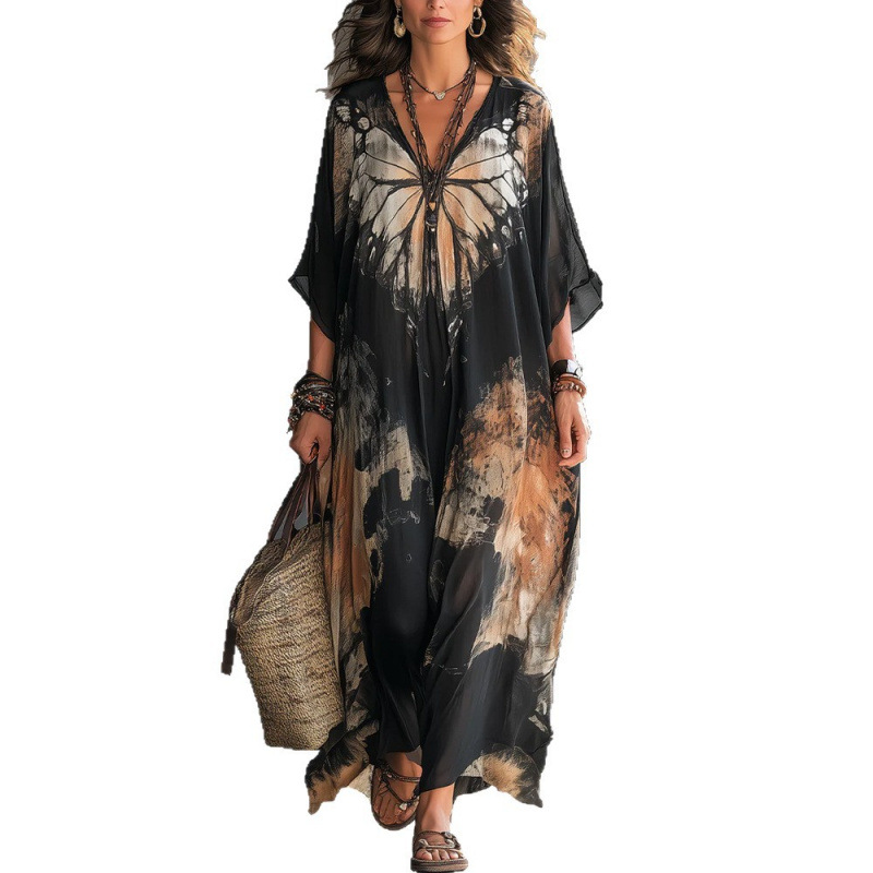 Digital Print Long Sleeve Loose Plus Size Casual Dress