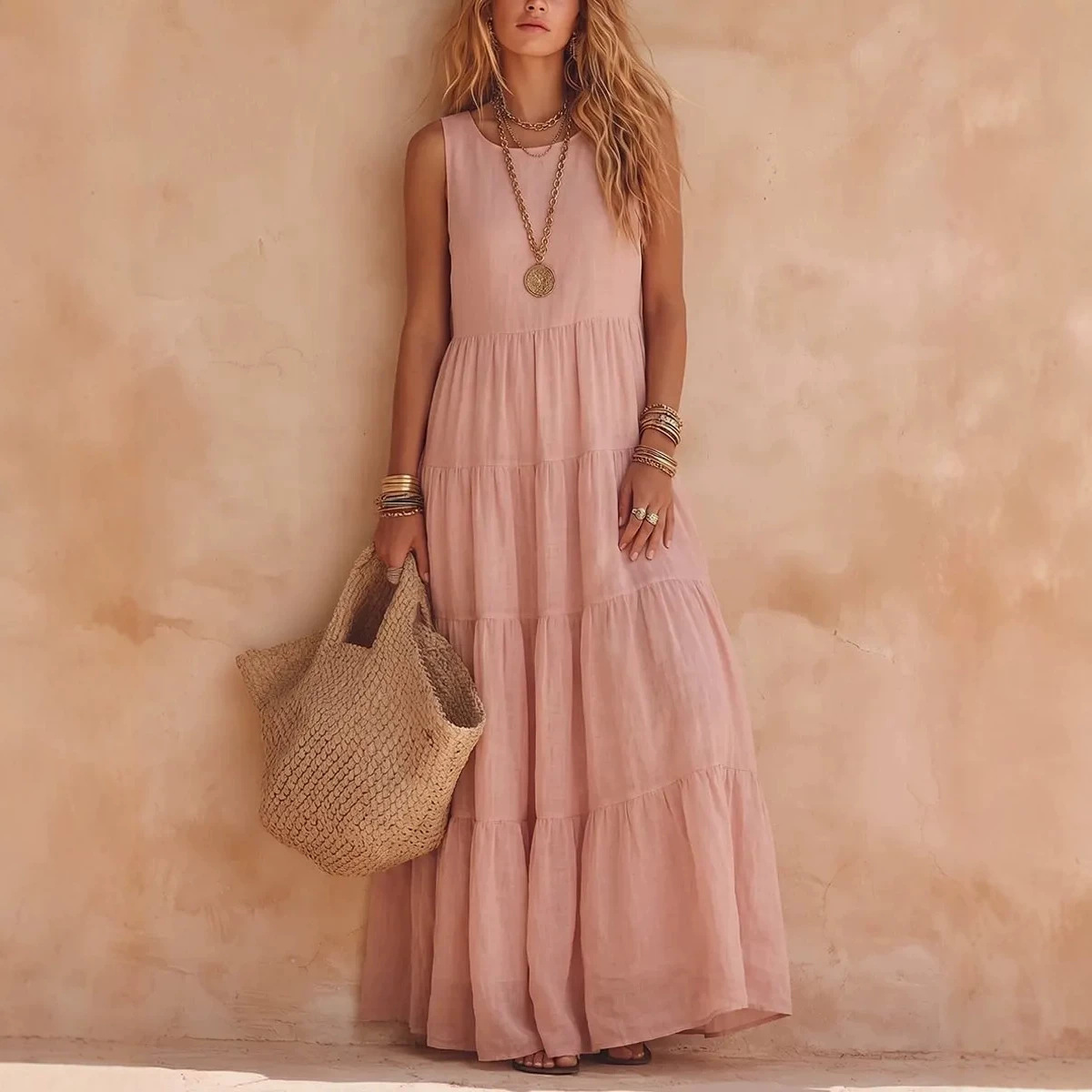 Solid Sleeveless Plus Size Maxi Dress with Round Neck and Shirred Details