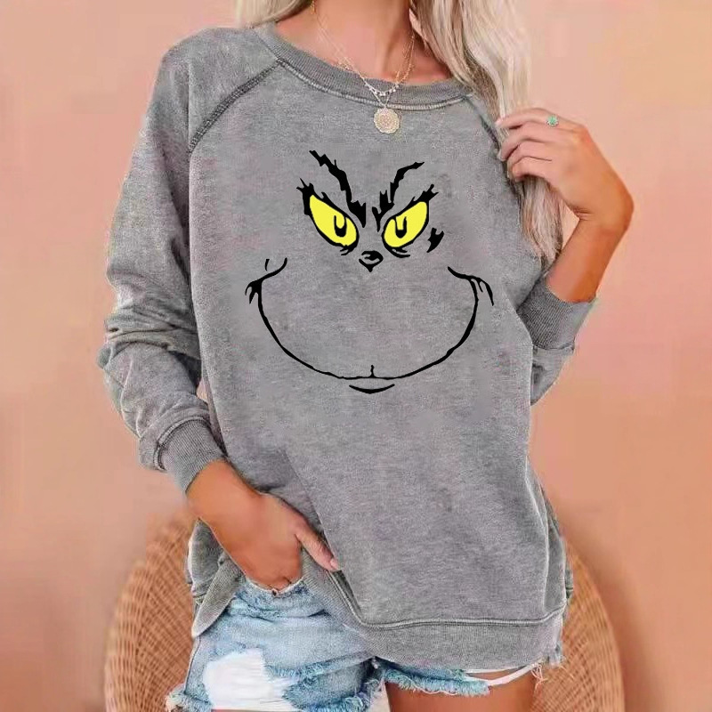 Women's Christmas Grinch Smiley Face Crewneck Sweatshirt