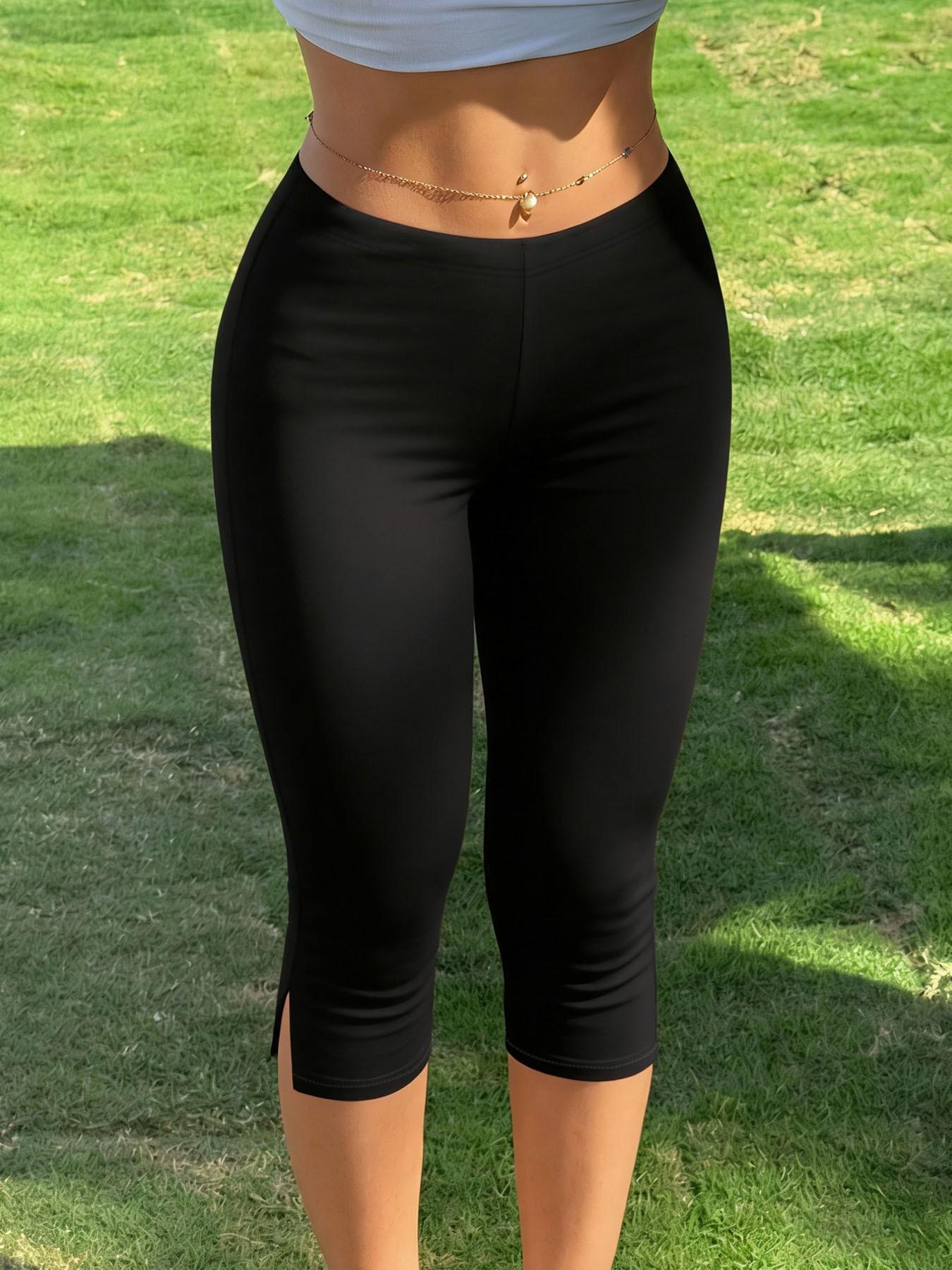 Women's Y2K Streetwear Black Slim Fit Capri Pants with Side Slit