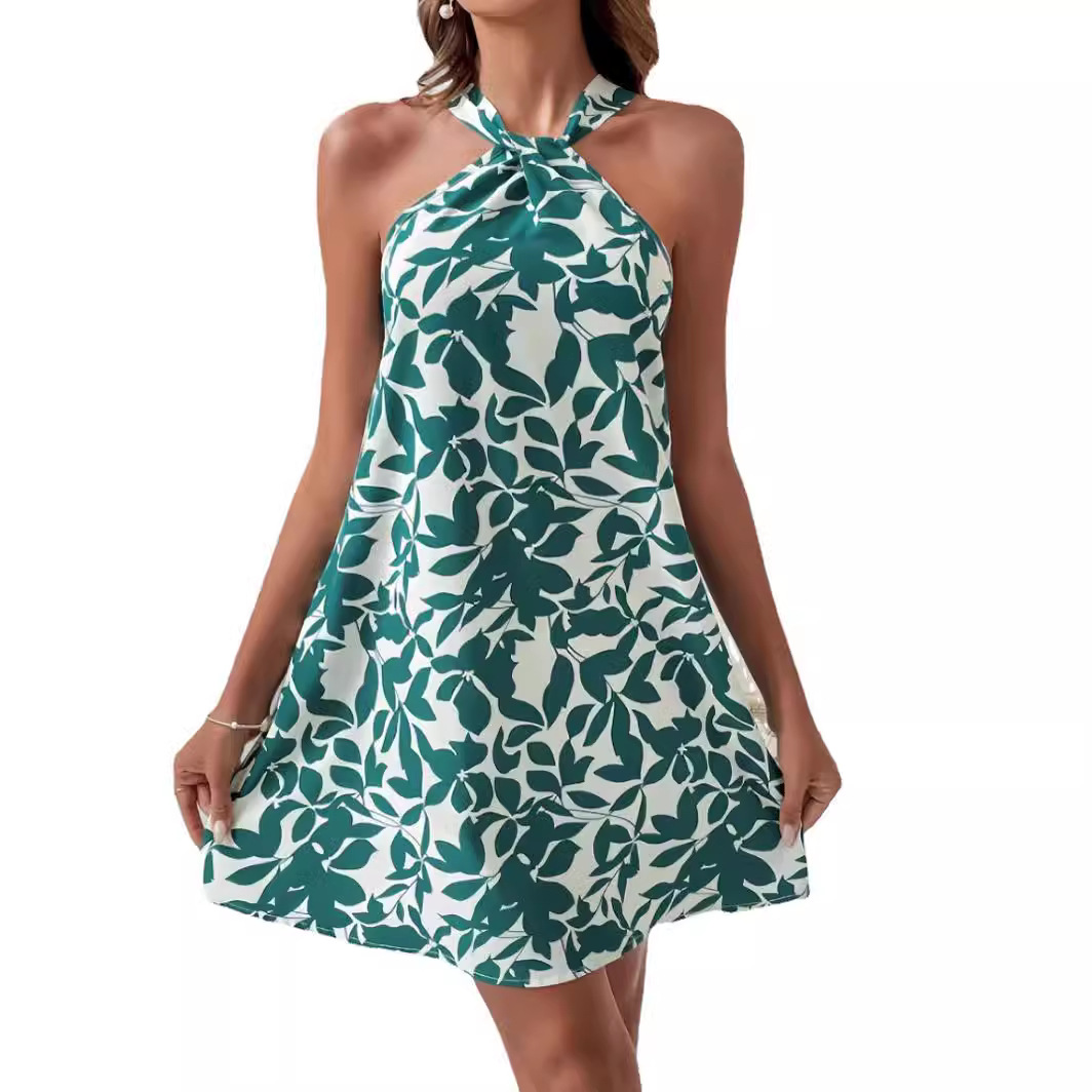 Printed Sleeveless Halter Backless Ruffle Midi Dress