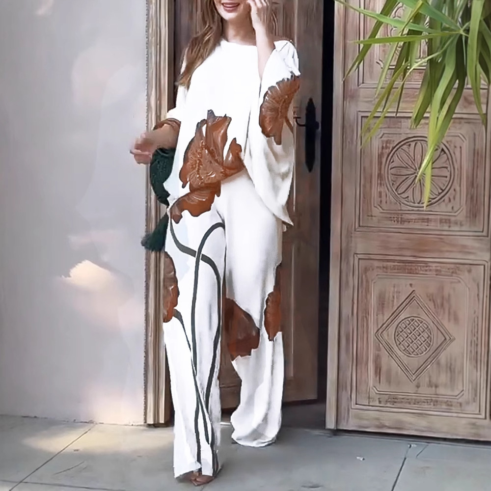 Floral Print Satin Batwing Sleeve Top and Straight-Leg Pants Set