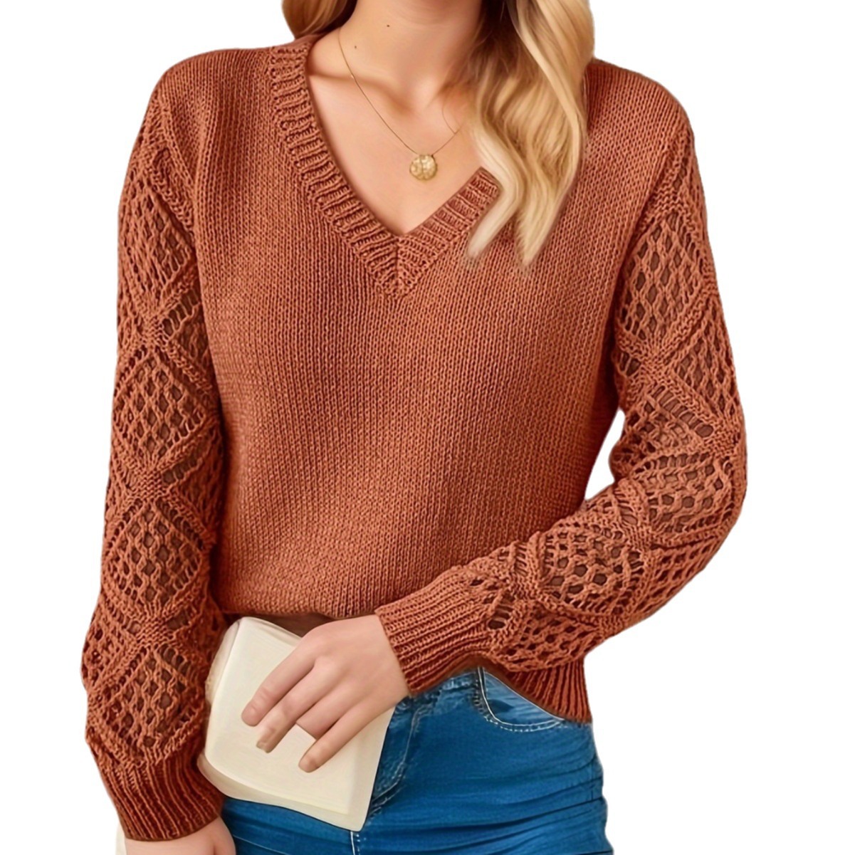 Women's Openwork Knit Sweater V-Neck Long Sleeve Pullover