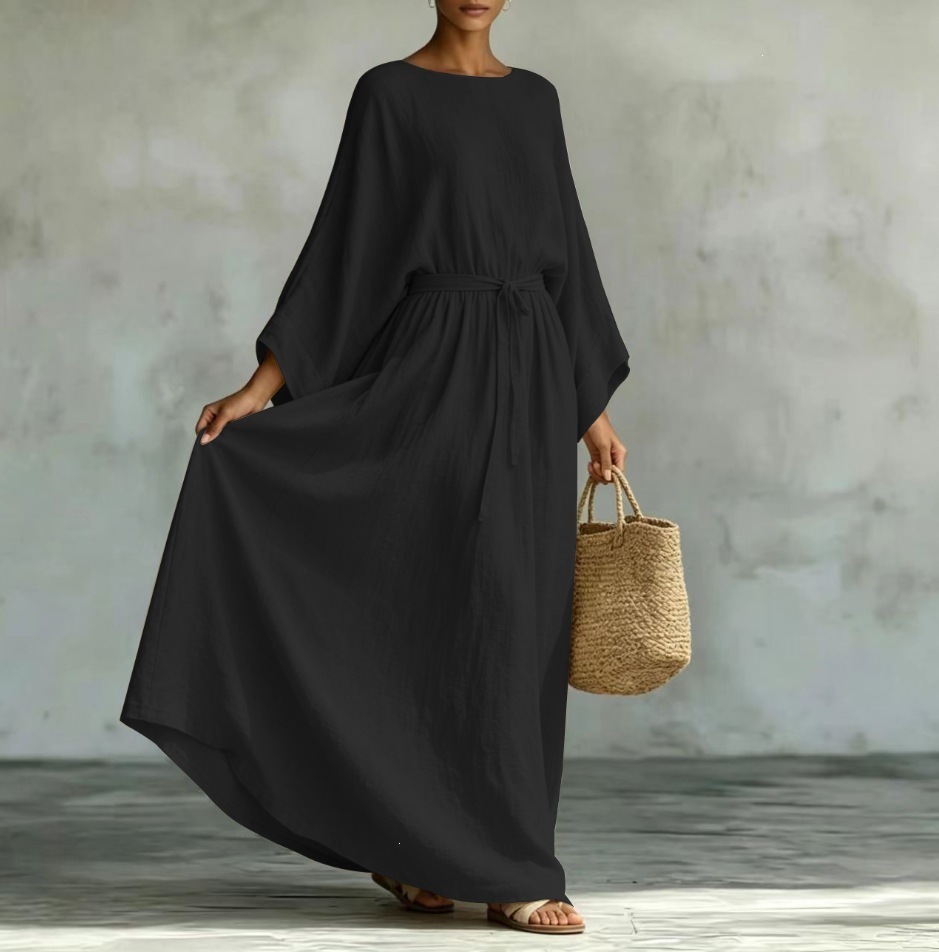 Lazy Style Cotton-Linen Tie-Waist Wide-Sleeve Maxi Dress