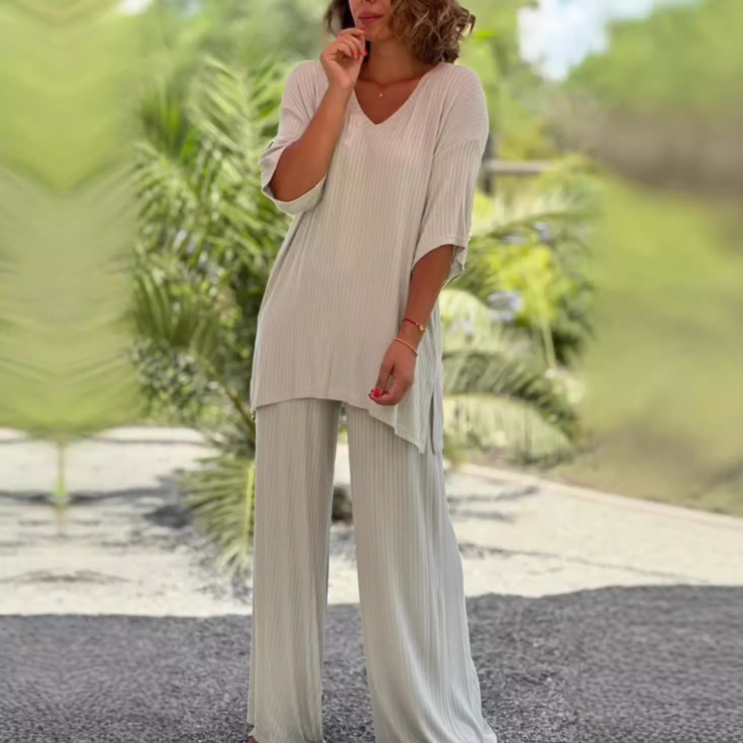 Women's Knit Top and Straight-Leg Pants Two-Piece Set Casual Loose Fit