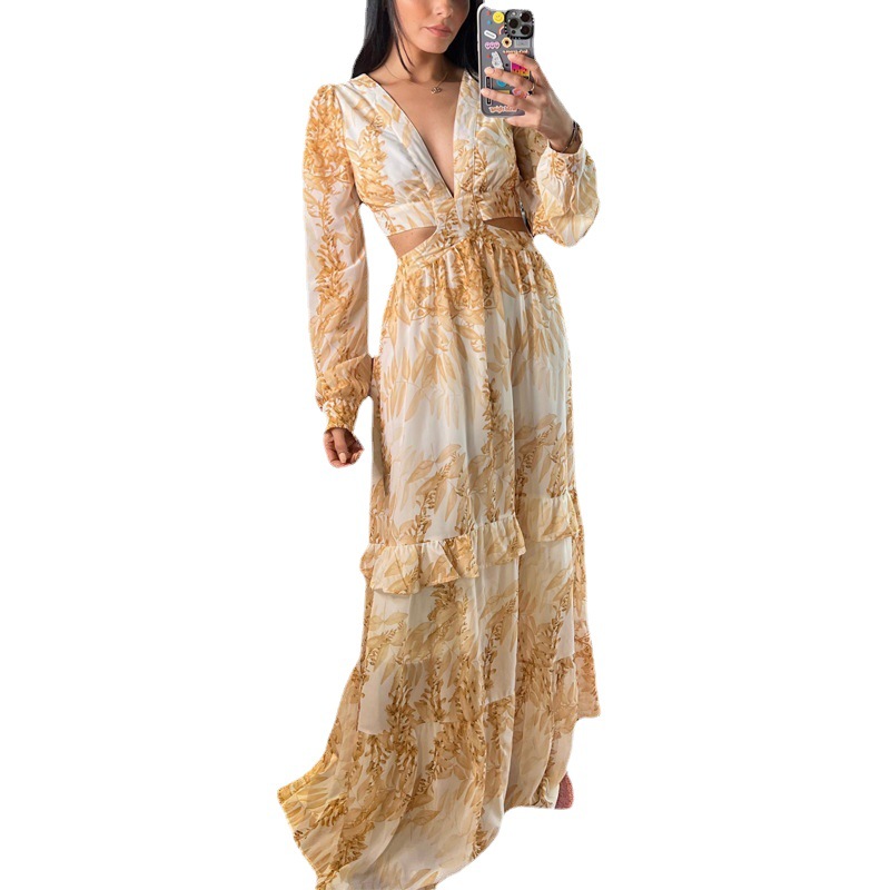 French-Style Floral Print Patchwork Slim-Fit Long Dress