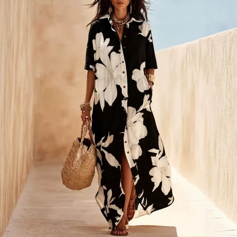Women's Floral Print Slit Dress with Collar Loose Beach Long Dress
