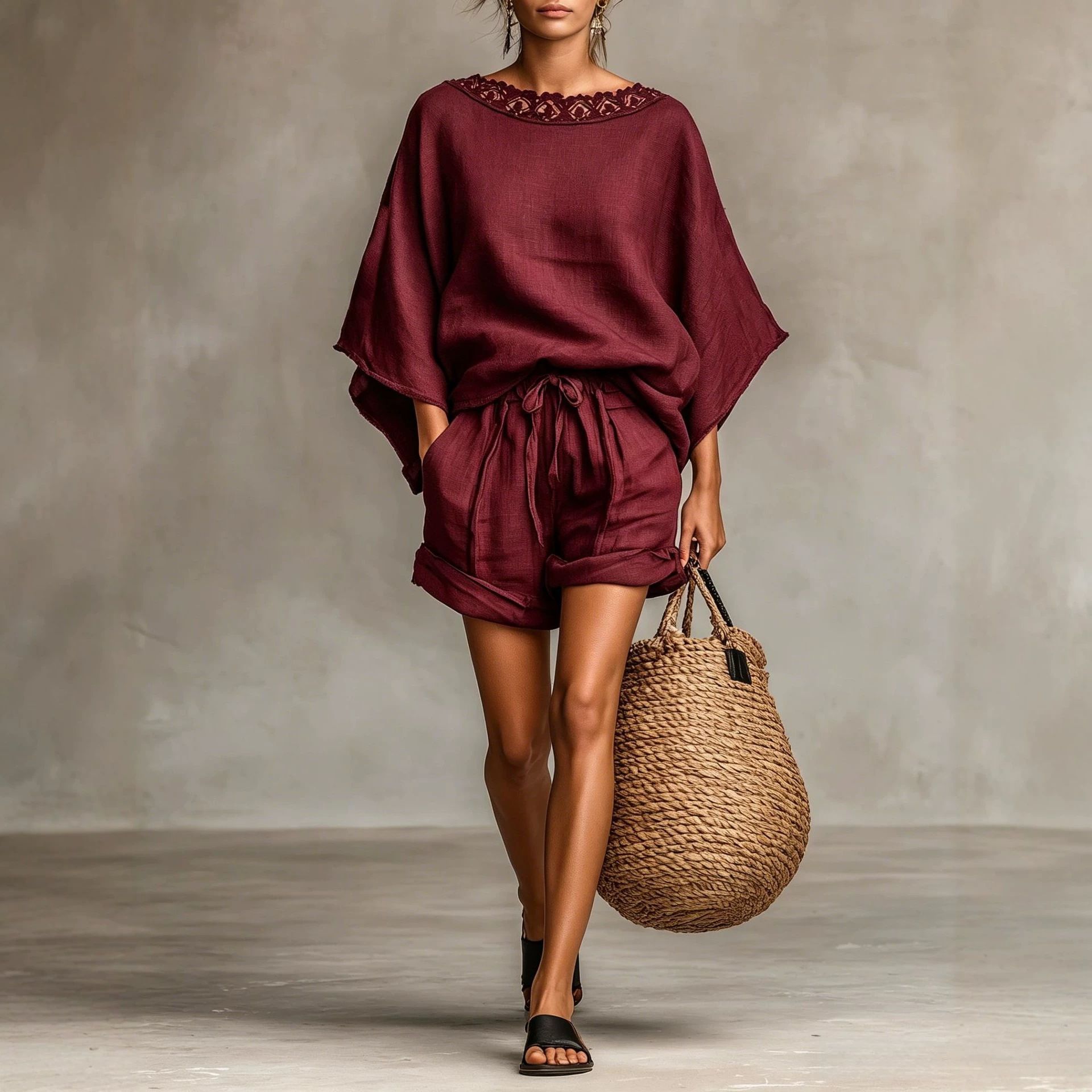 Women's Lace Trim Loose Batwing Sleeve Top