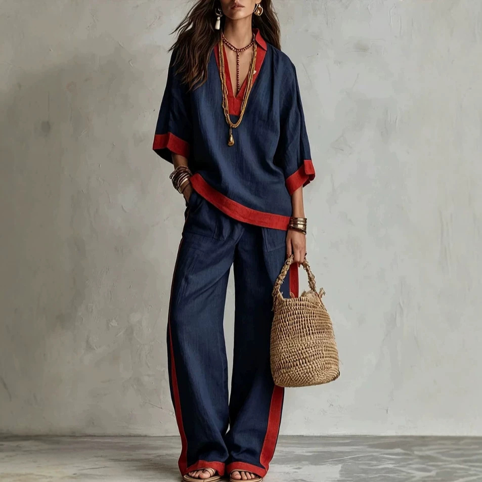 Color-Block Linen Blend Lounge Set – V-Neck Top & Wide-Leg Pants