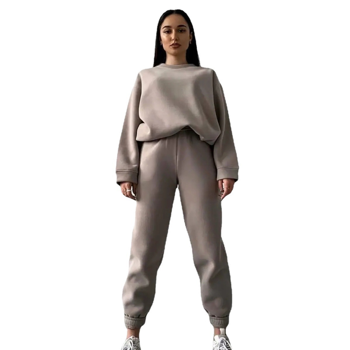 Women's Solid Color Crewneck Sweatshirt and Pants Two-Piece Set