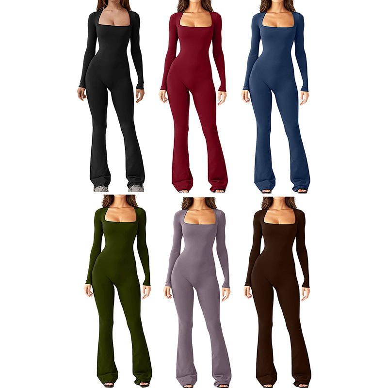 Women's Long Sleeve Square Neck Wide Leg Jumpsuit with Tummy Control and Butt Lifting