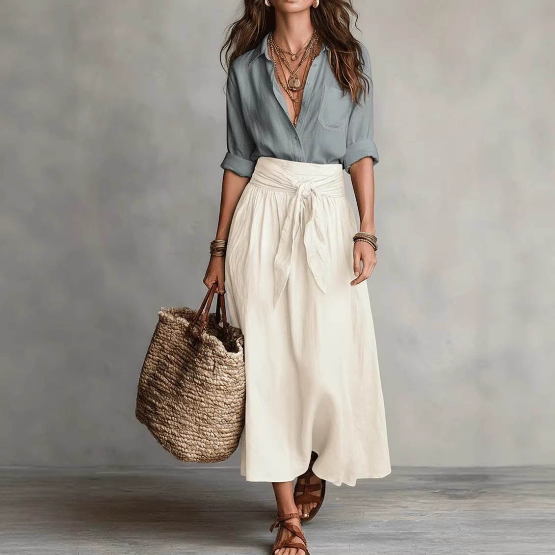 Color-Block Shirt and Midi Skirt Two-Piece Set