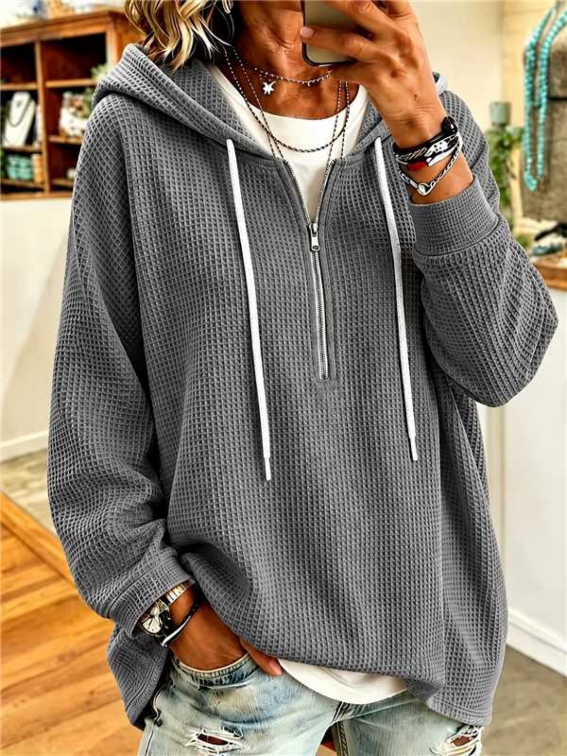 Women's Waffle Knit Drawstring Hooded Sweatshirt Loose Zip-Up Long Sleeve Top