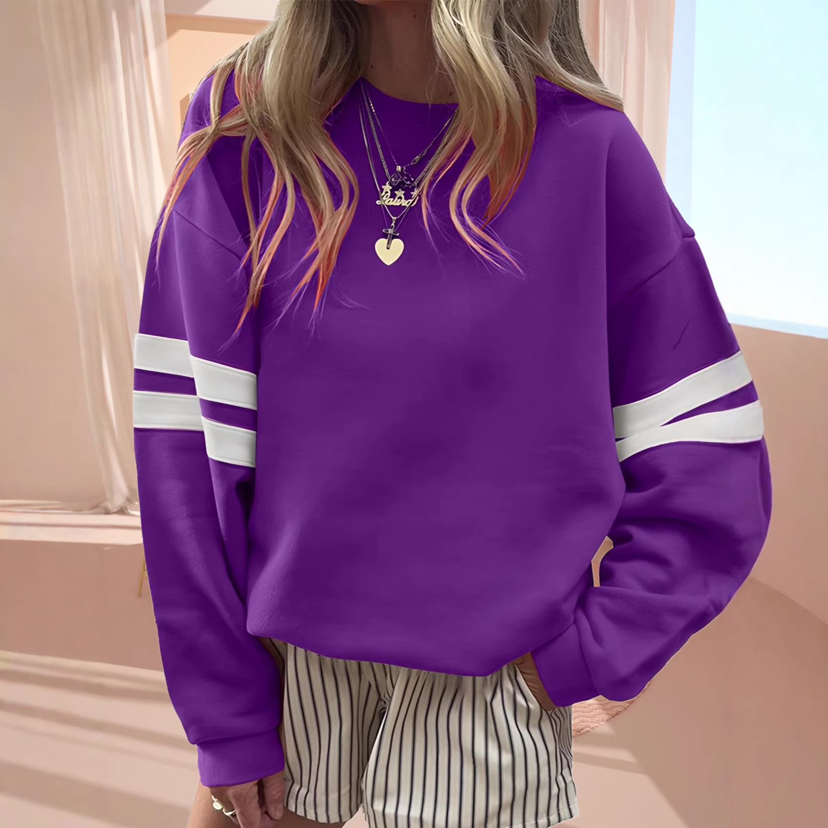 Women's Loose Striped Cotton Sweatshirt Long Sleeve Crewneck