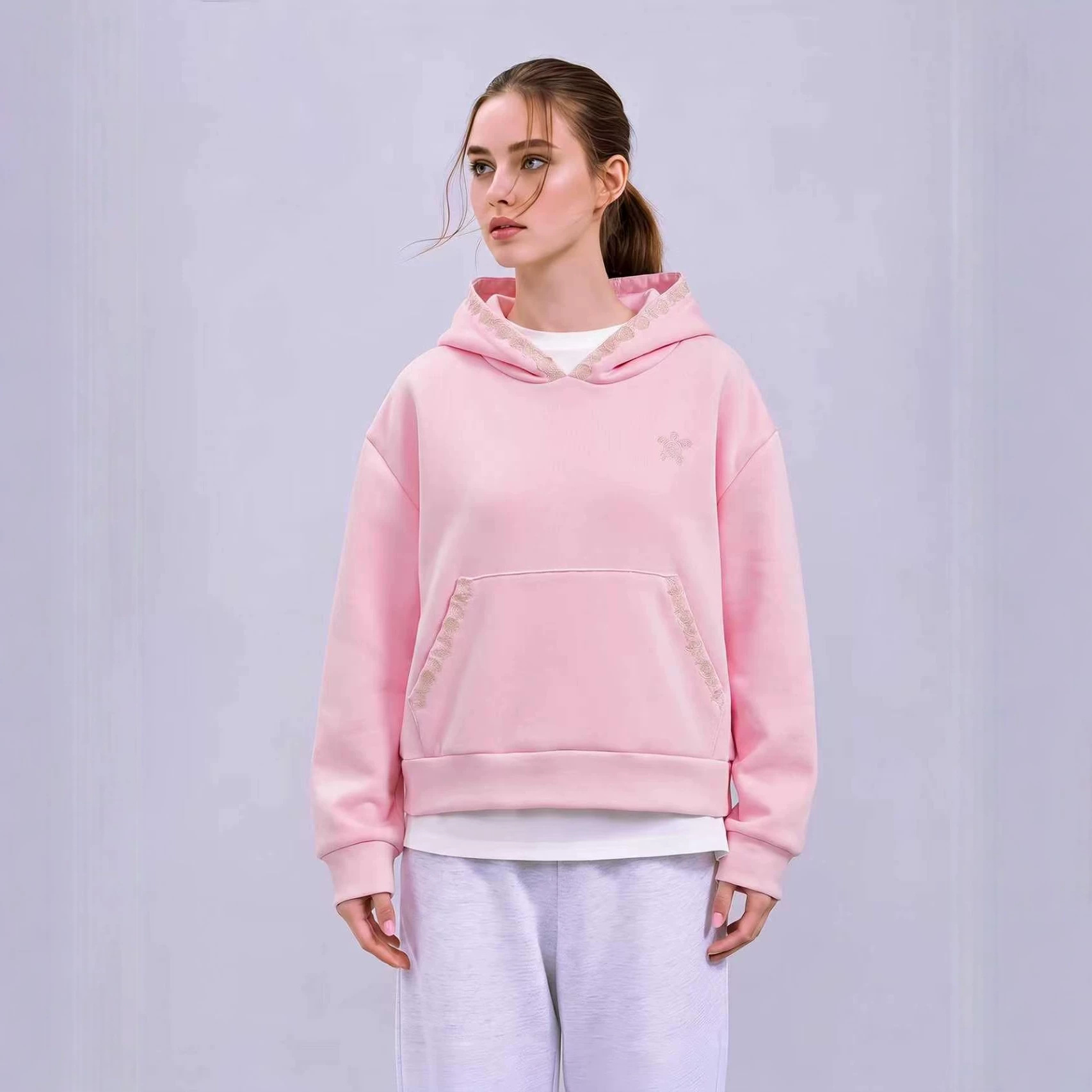 Women's Embroidered Hooded Sweatshirt Waist-Cinched Cropped Pullover