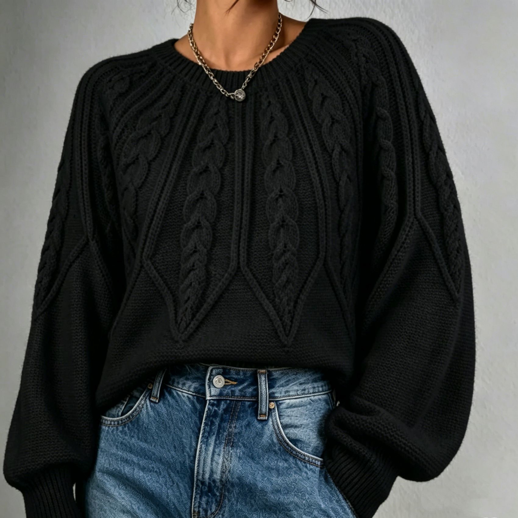 Women's Cable-Knit Crewneck Pullover Sweater Long-Sleeve Solid Color