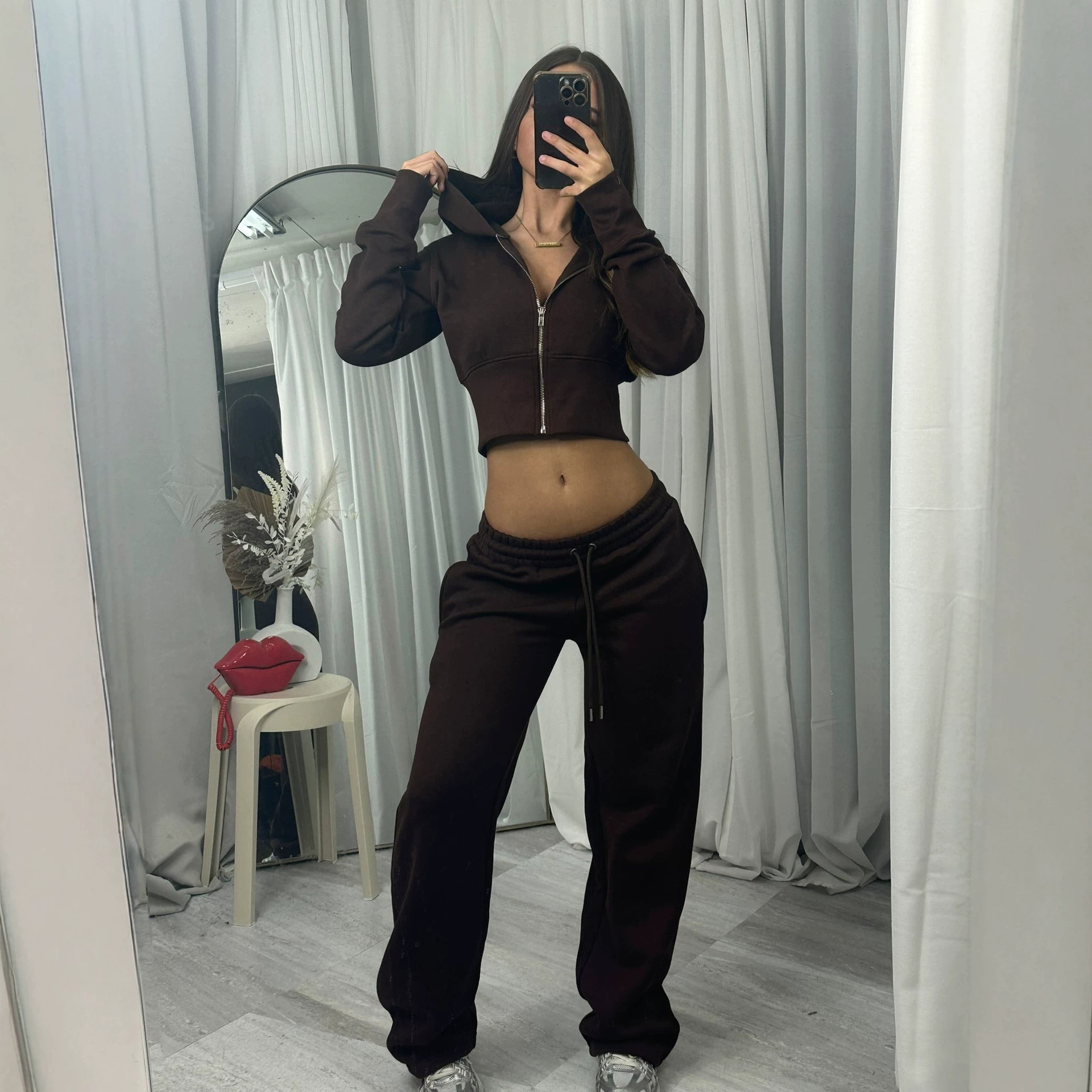 Women's Solid Color Hooded Cardigan and Straight-Leg Pants Set Casual Knit Two-Piece