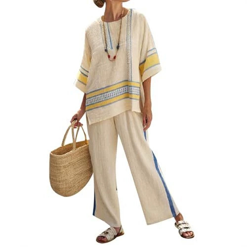 Women's Striped Print Crewneck 3/4 Sleeve Top & Pants Casual Set