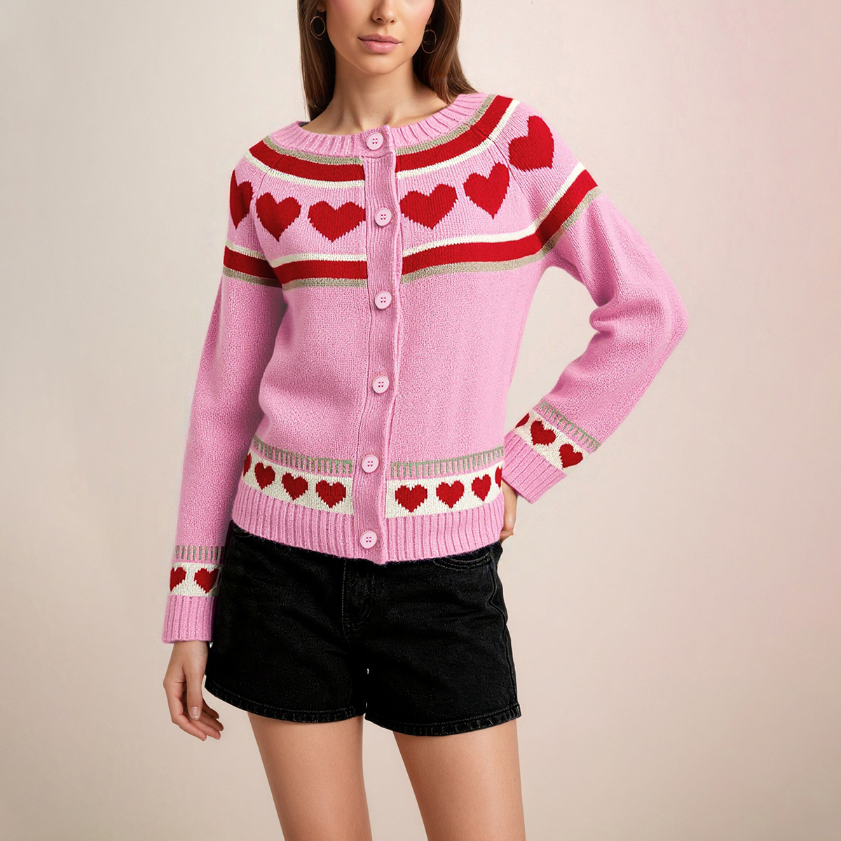Retro Heart Pattern Knit Cardigan with Round Neck and Buttons, Loose Fit