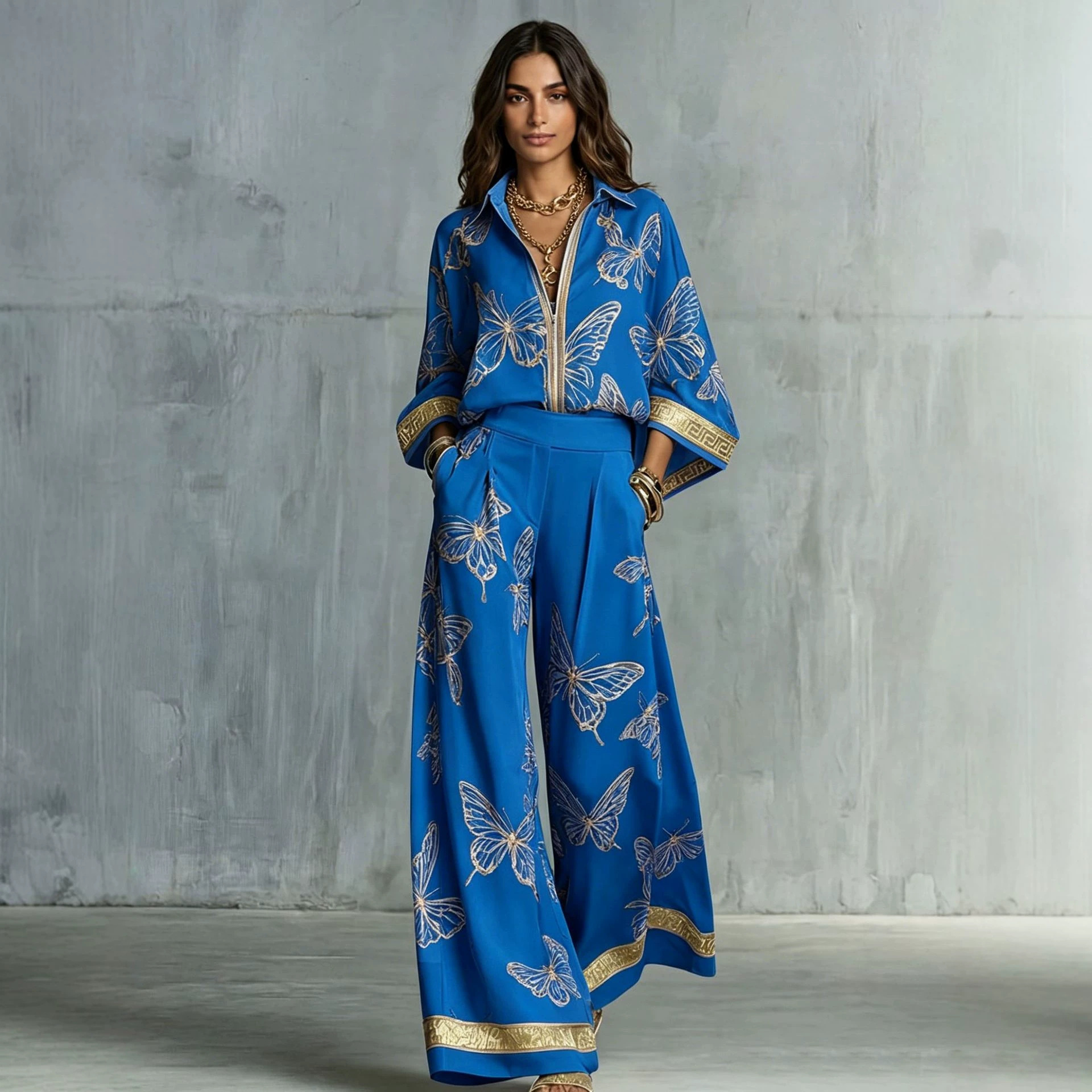 Women's Vintage Print Deep V Zip Top & Wide-Leg Pants Set