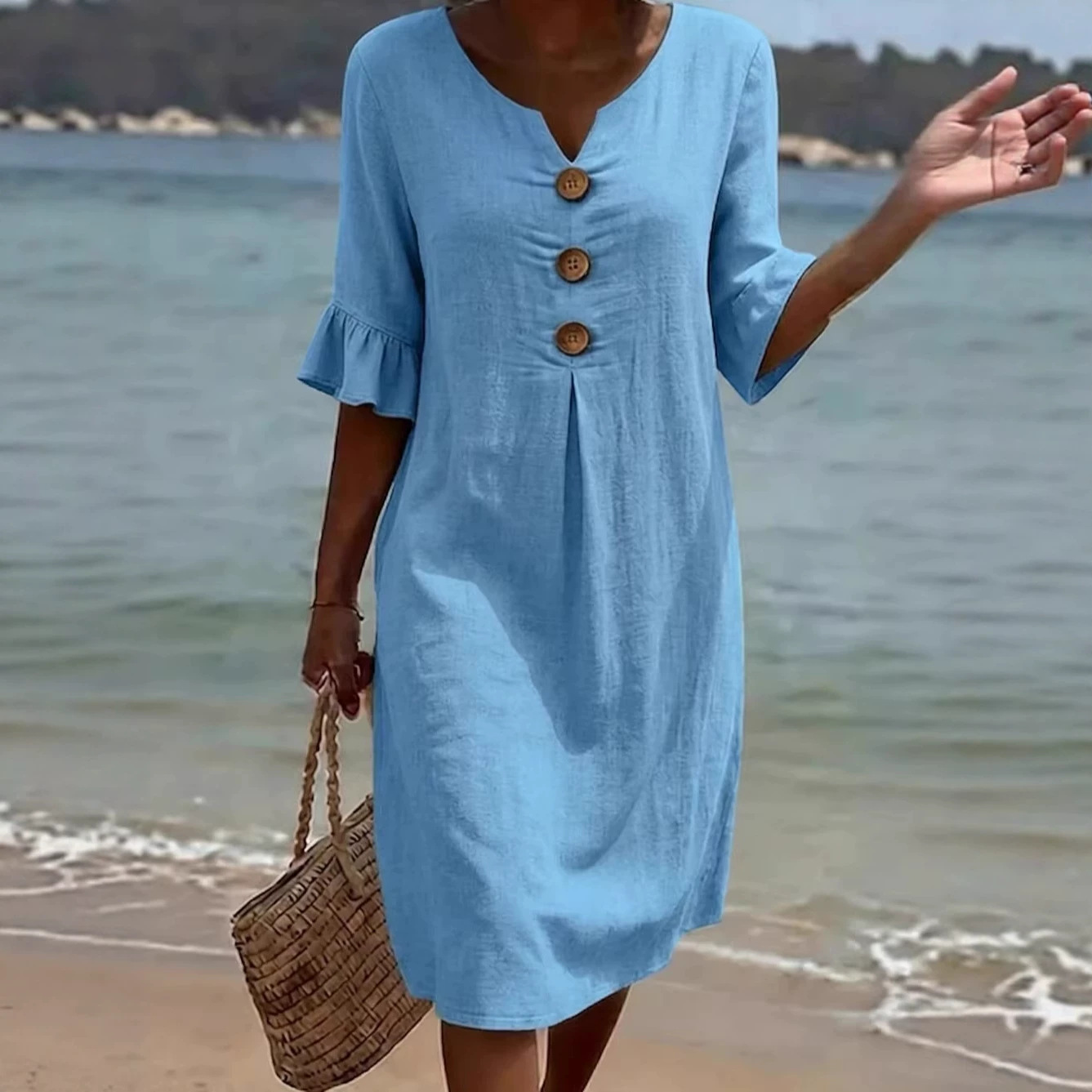 Cotton Linen V-Neck Big Button Ruffle Sleeve Dress