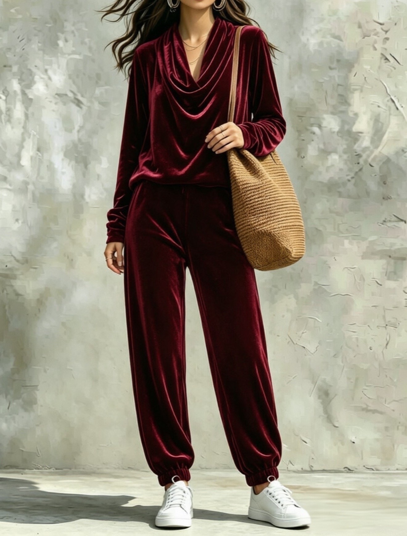 Women's Casual Cowl Neck Long Sleeve Top and Jogger Pants Set