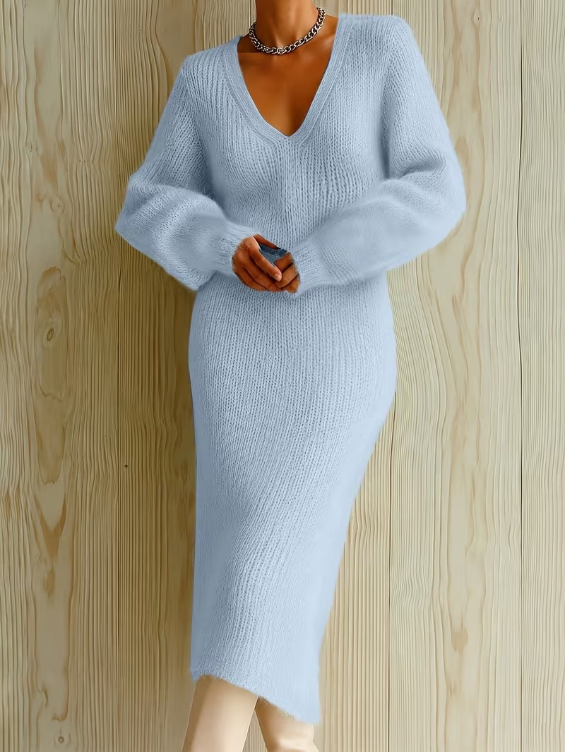 Women's Fuzzy V-Neck Bubble Sleeve Long Dress
