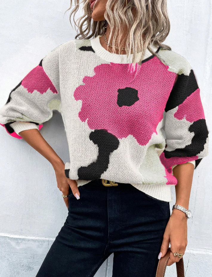 Women's Floral Jacquard Crewneck Long Sleeve Knit Sweater