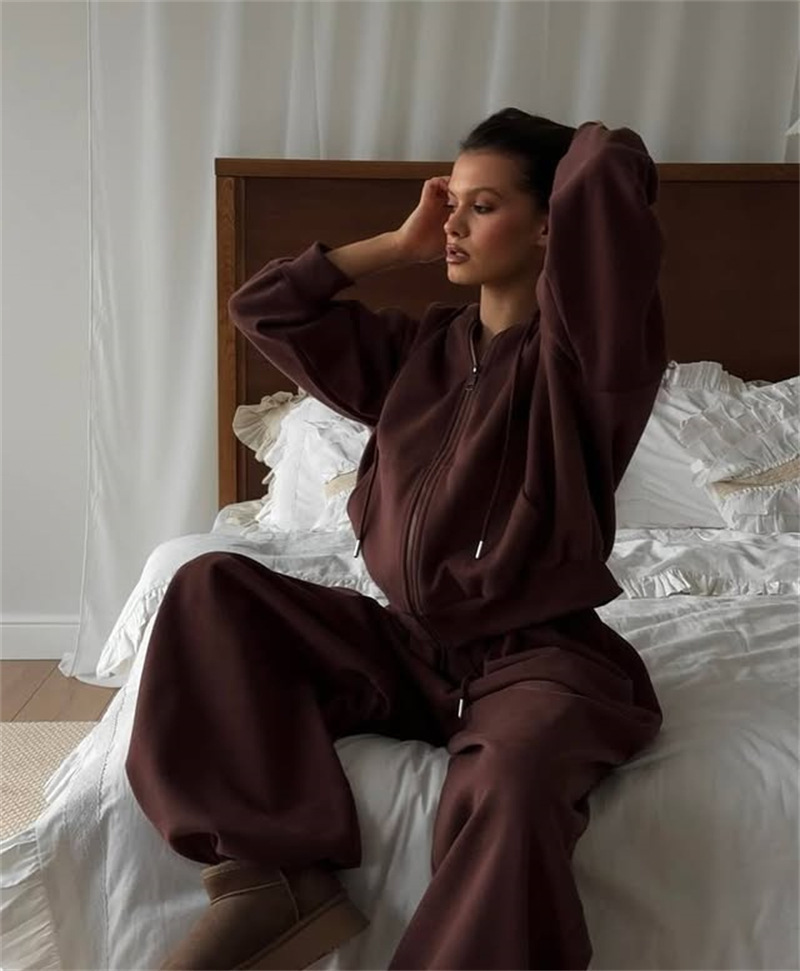 Women's Casual Long Sleeve Hooded Zip-Up Tracksuit Set with Pants