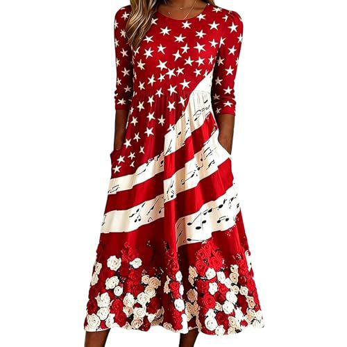 Women's Star Print Pleated Midi Dress Short Sleeve Crew Neck Slim Fit